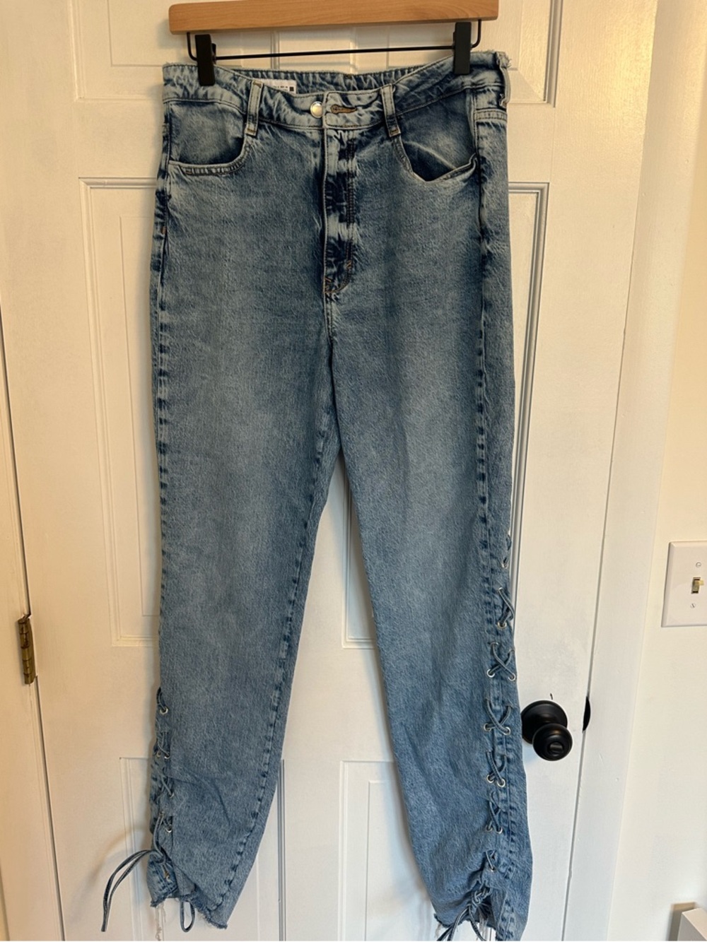 Zara Light Blue Boyfriend Jeans with Side Lace-Up Detail